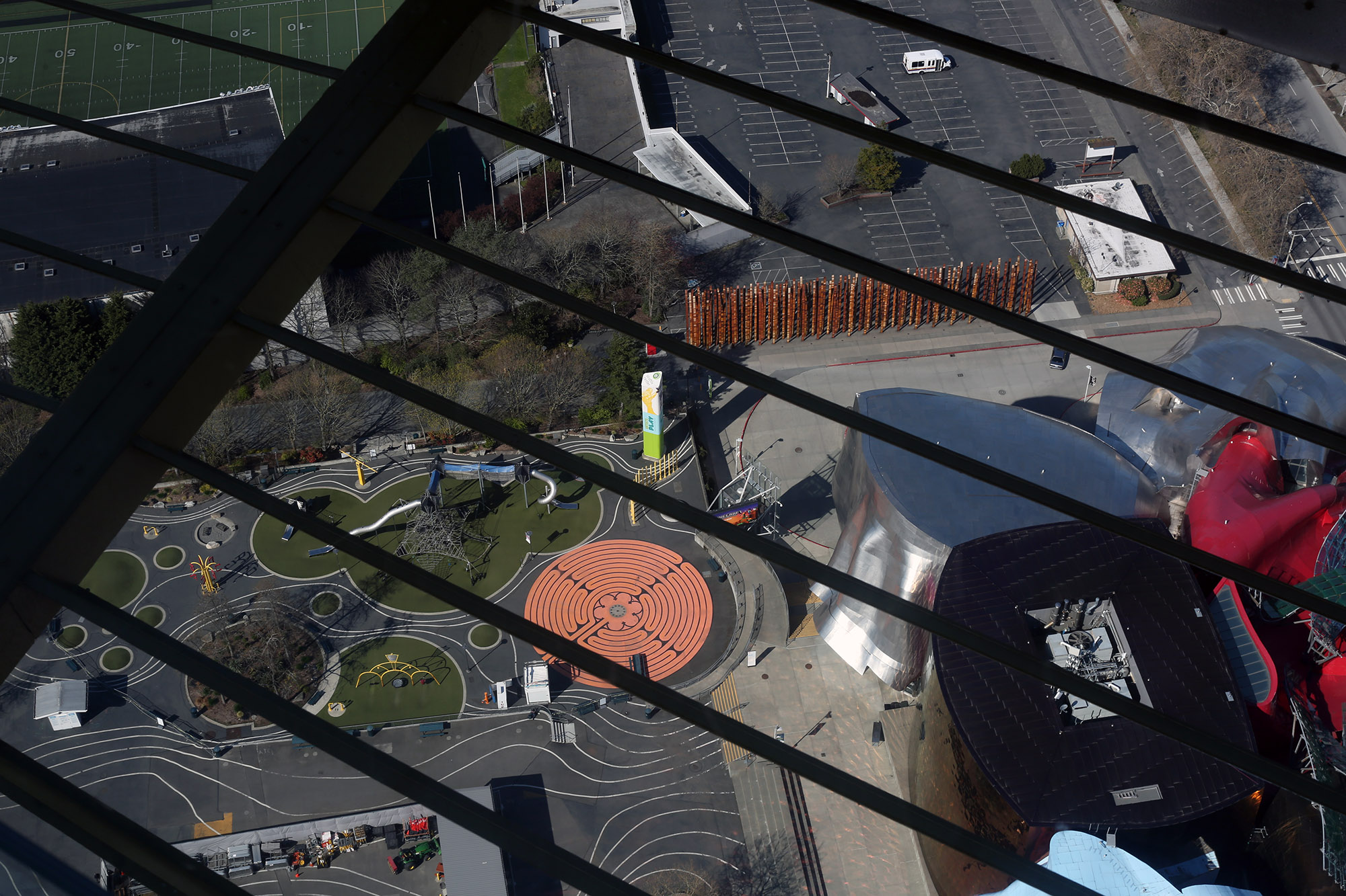 aerial view of playground and field, both empty