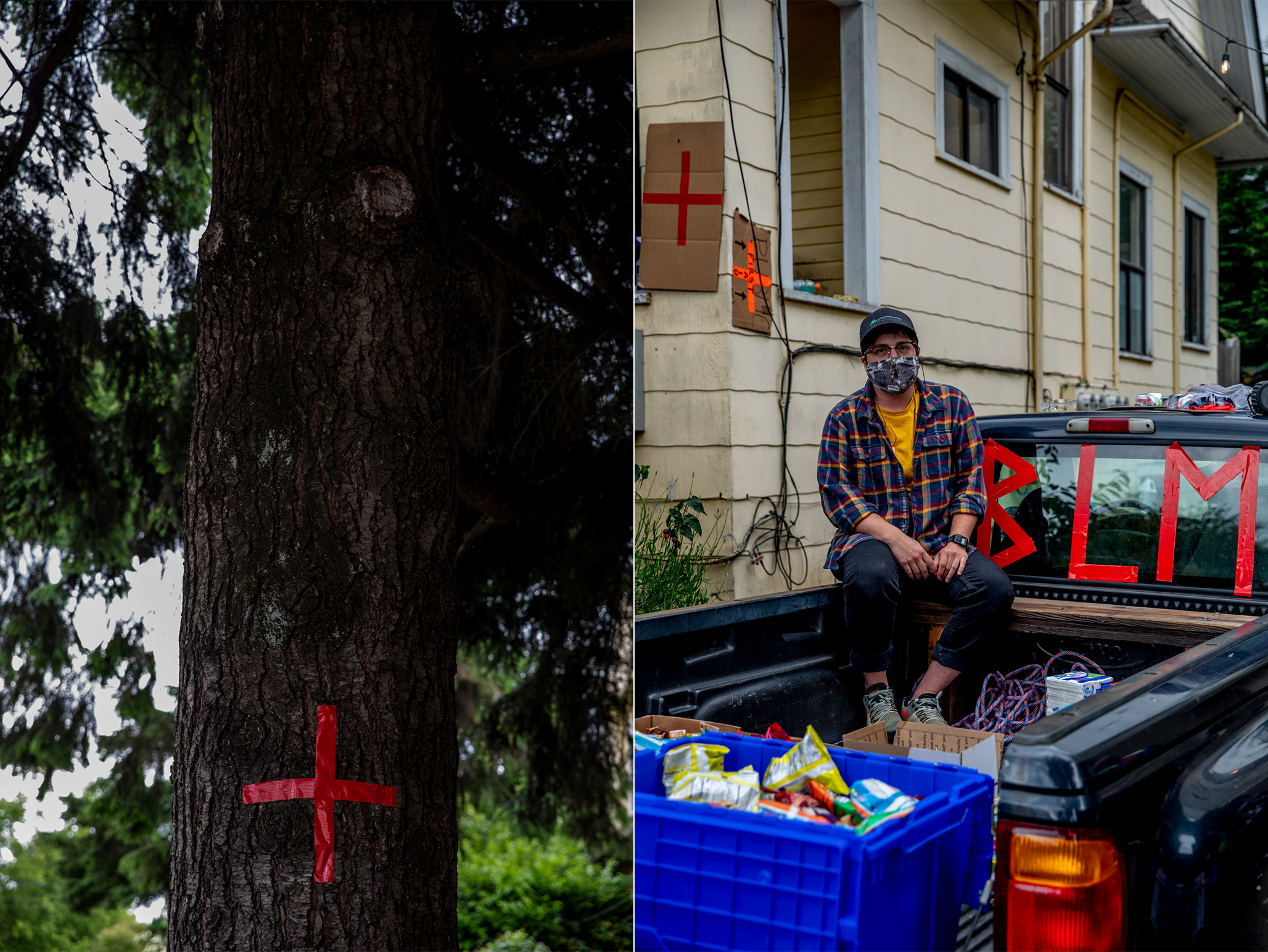 A person hands out supplies from a truck