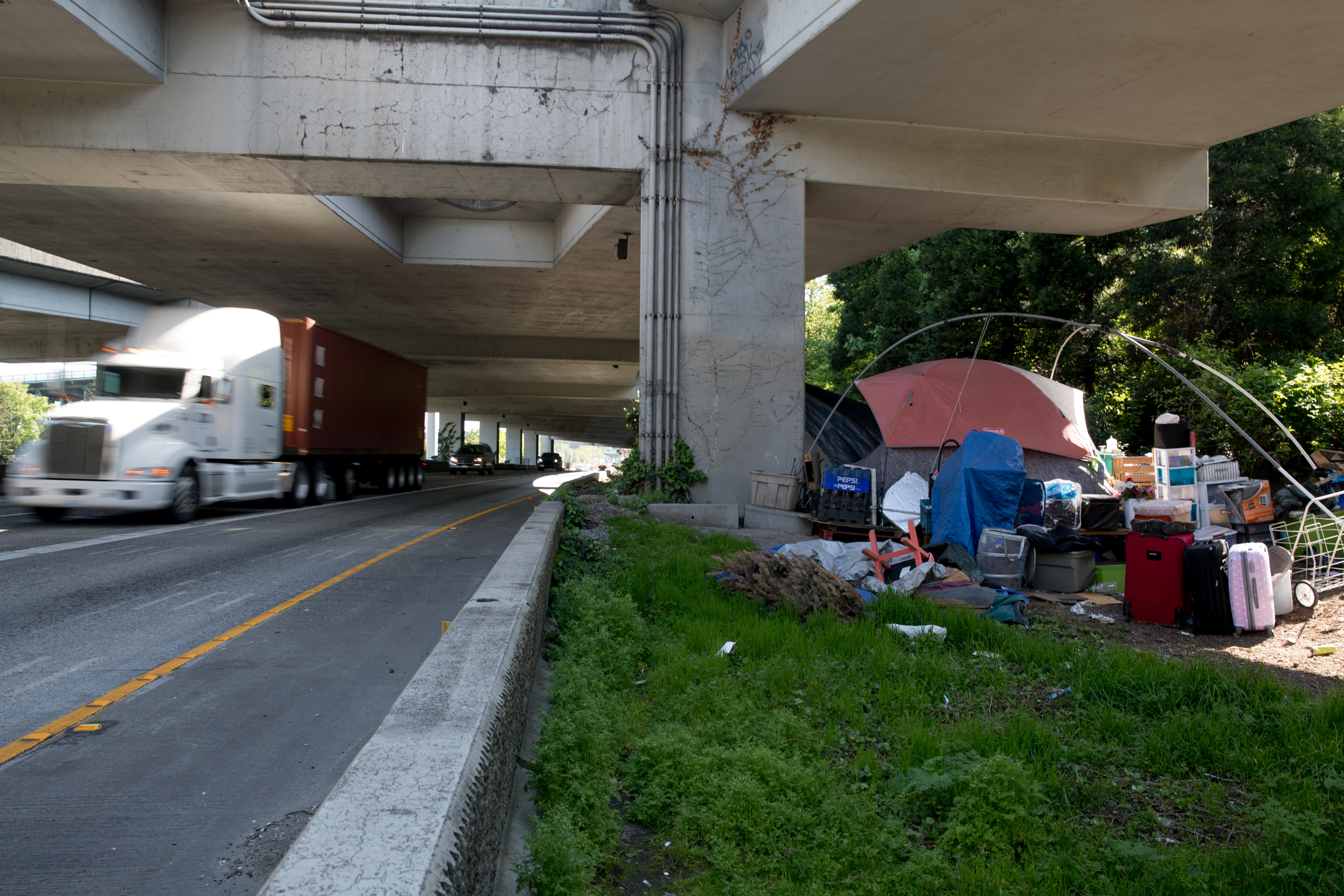 A homeless encampment, referred to as The Jungle, underneath freeway overpasses in Seattle. 