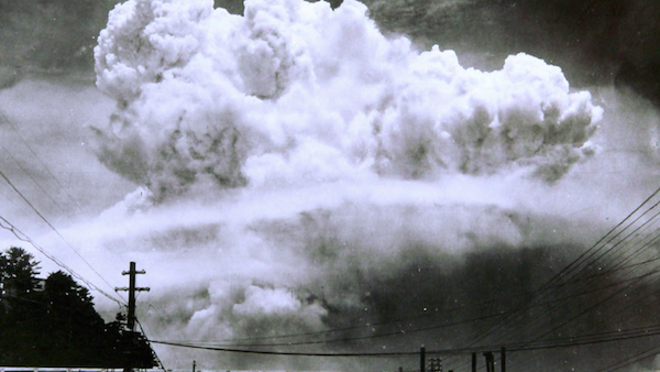 A rare photograph taken from the ground of the atomic bomb that America dropped on Nagasaki on August 9, 1945. (Nagasaki Atomic Bomb Museum)