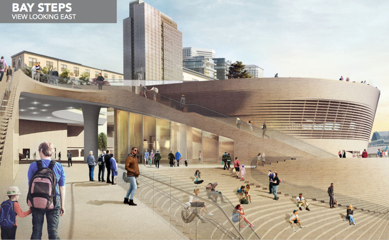 A view of the steps and pavillion at the Overlook Walk. (Courtesy of City of Seattle Office of the Waterfront)