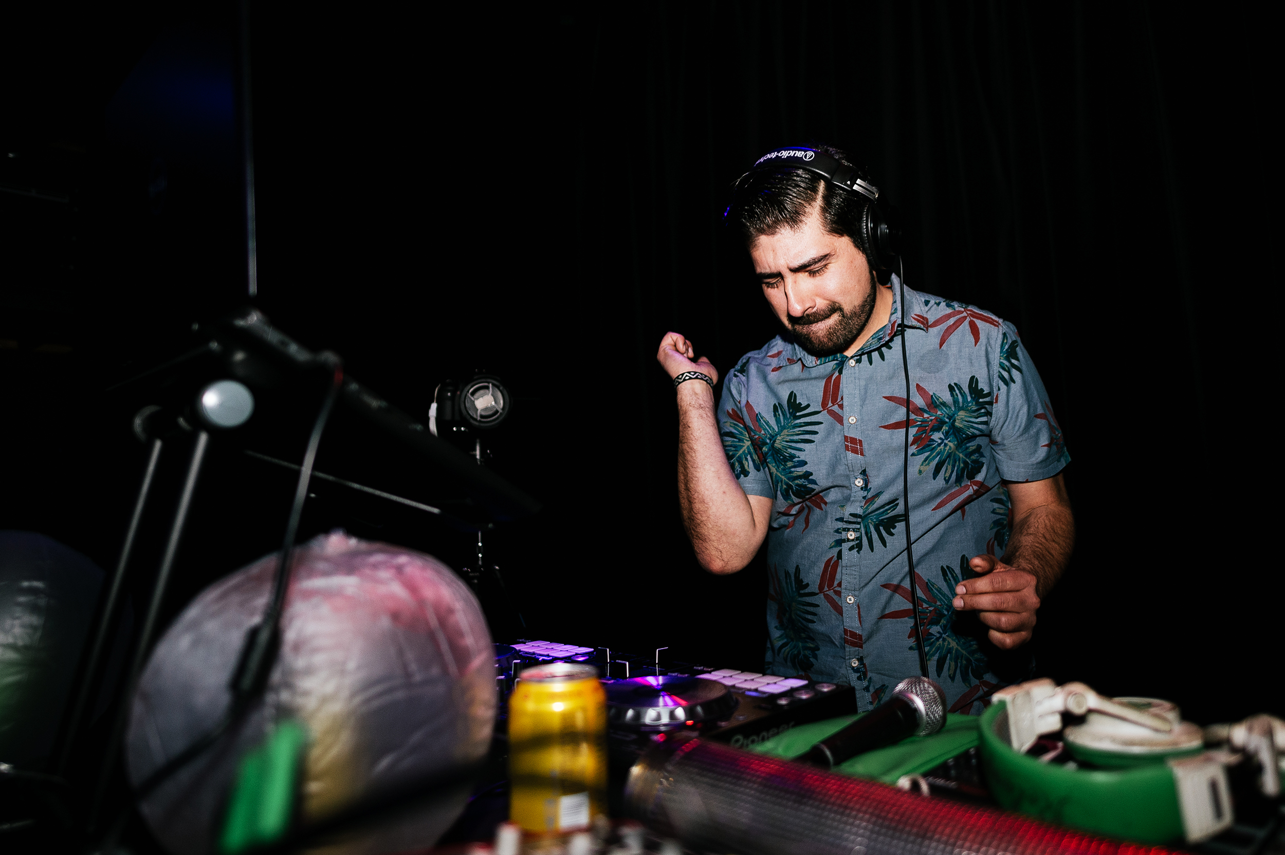 Enrique "Bianco" Chaves warms up the crowd at The Crocodile before Electropika 2.0 officially kicks off on March 29 2019. One half of BacanoVolta alongside Jorge Bex, Chaves is one of the organizers behind the Electropika events working towards growing and spreading Latin American music and culture. (Photo by Caean Couto)