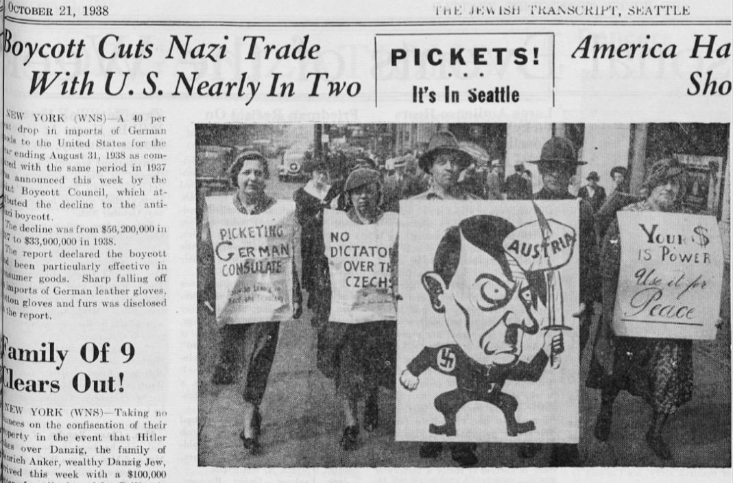 Front page of a newspaper with the headline: “Boycott Cuts Nazi Trade with U.S. Neary in Two”