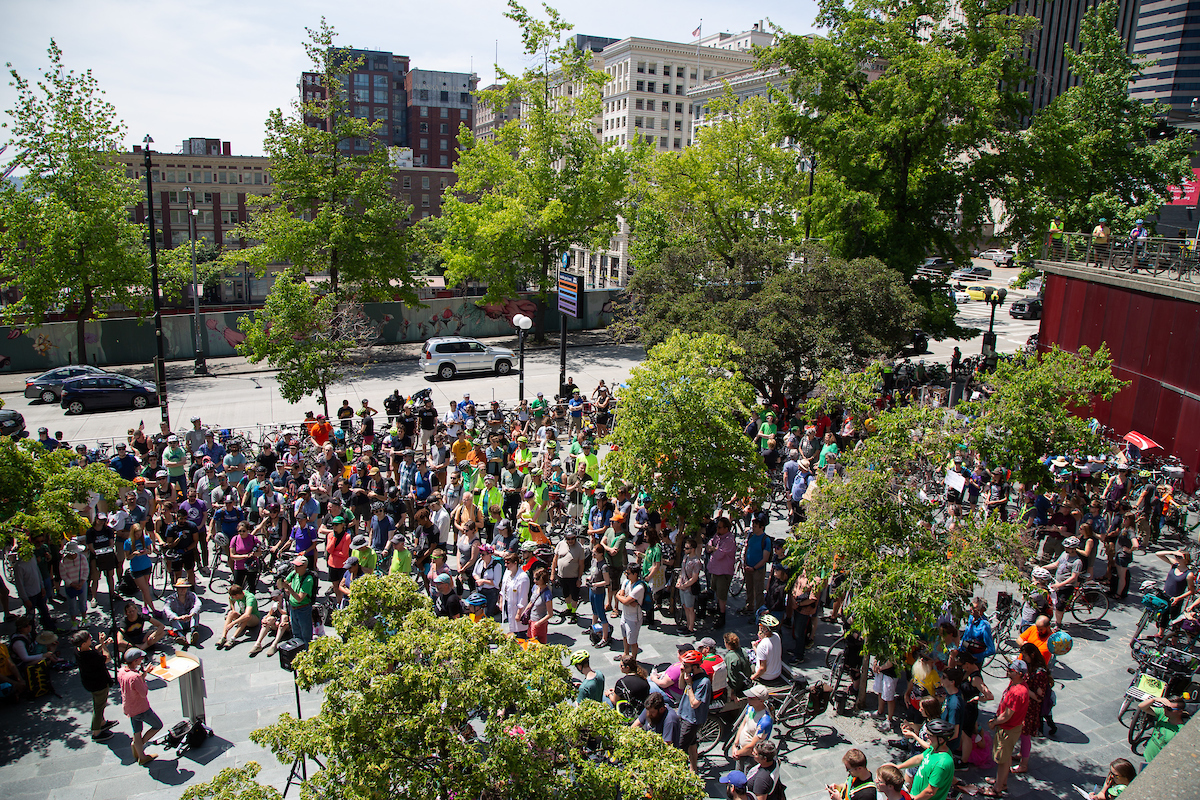 Protesters gathering in front of Seattle's City Hall.