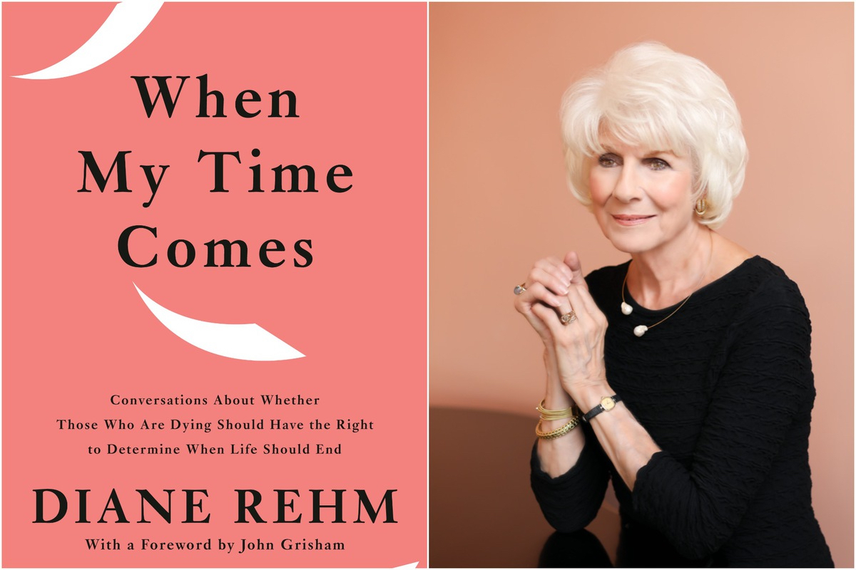 book cover on left, author photo on right, woman with white hair