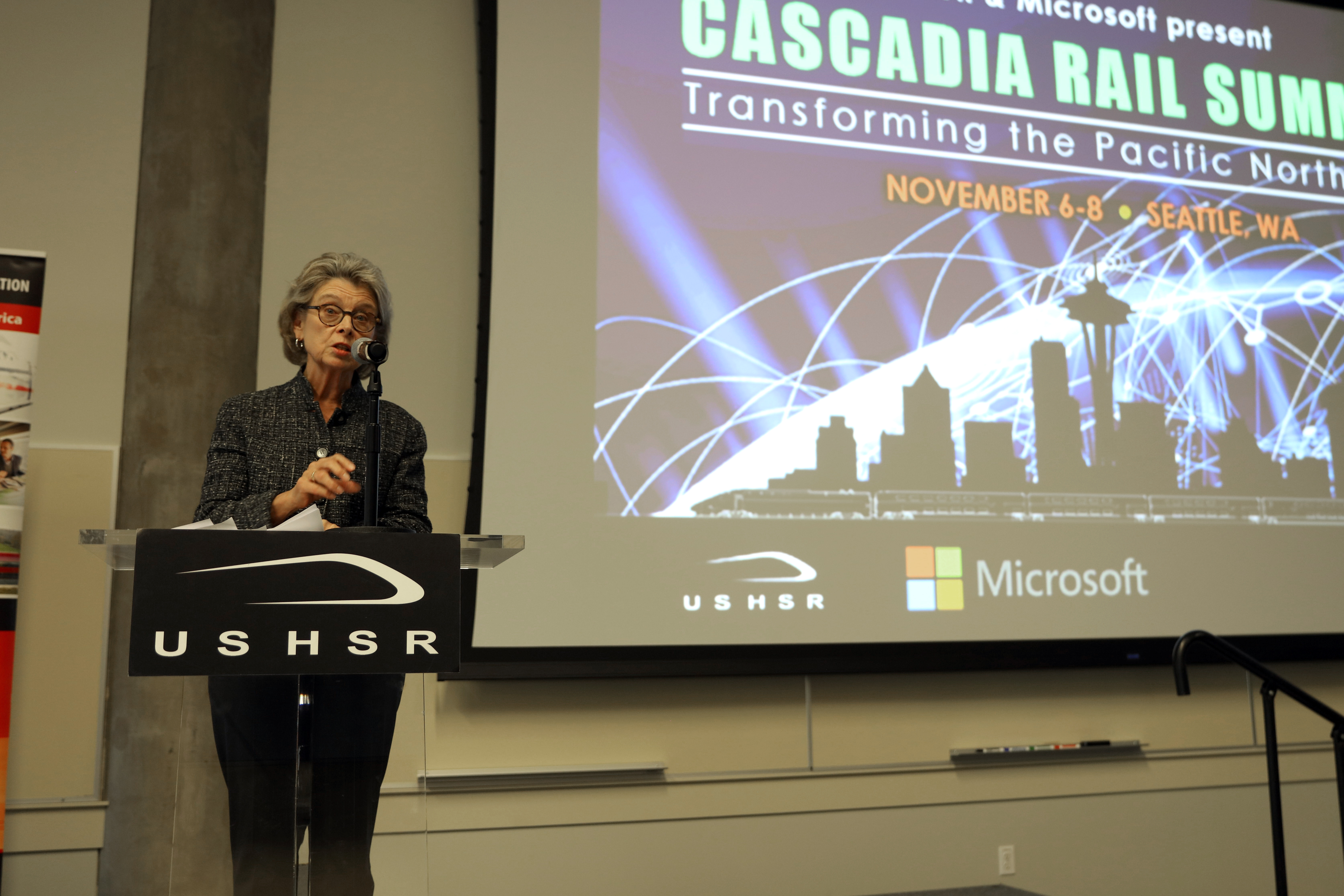 Christine Gregoire delivers the keynote speech for the Cascadia Rail Summit.