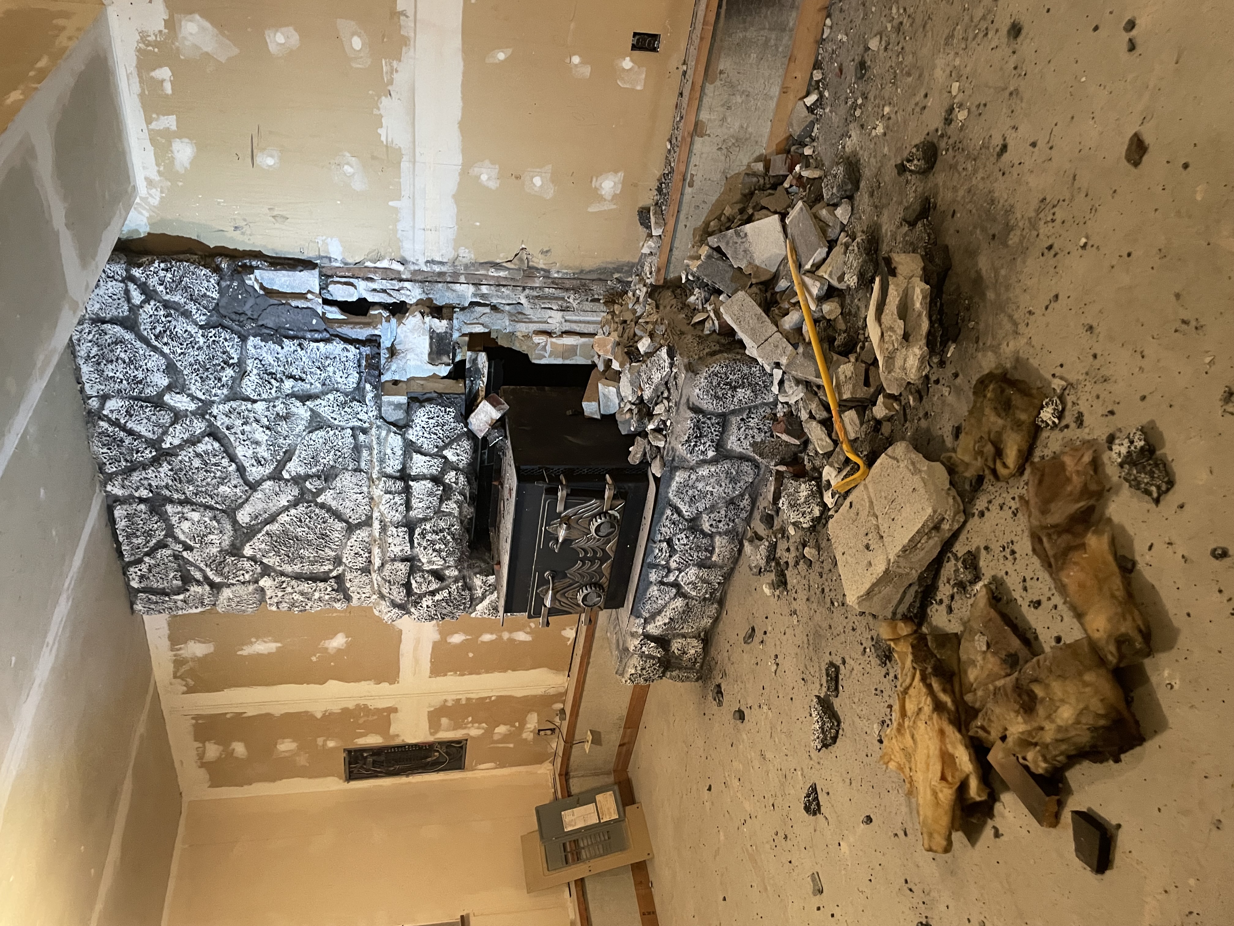 A demolished fireplace