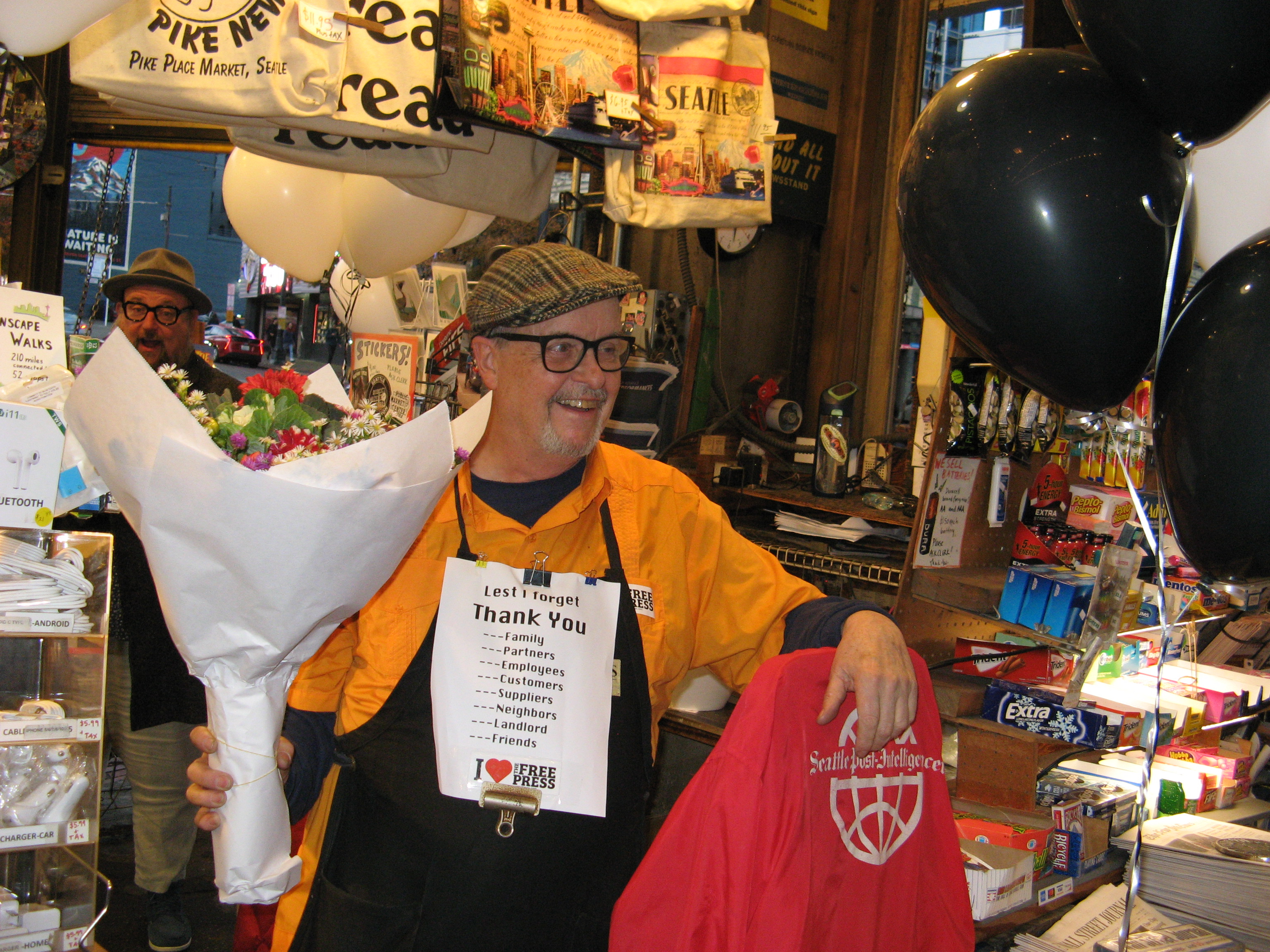 Lauckhart with a bouquet of flowers.