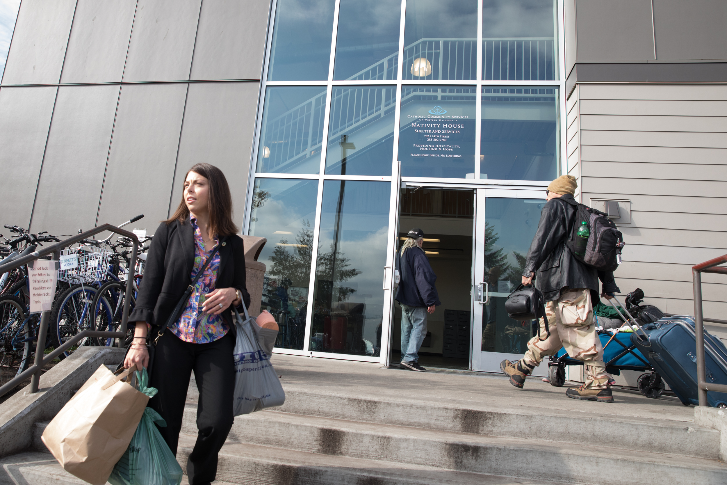  Washington state house of representatives candidate Maia Espinoza outside of Nativity House before donating clothes in Tacoma, Oct. 4, 2018. (Photo by Matt M. McKnight/Crosscut) 