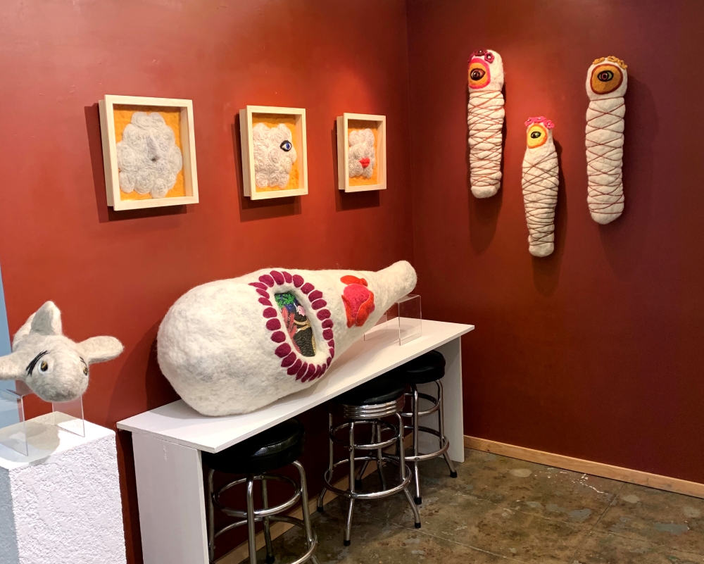 exhibit of felted sculptures