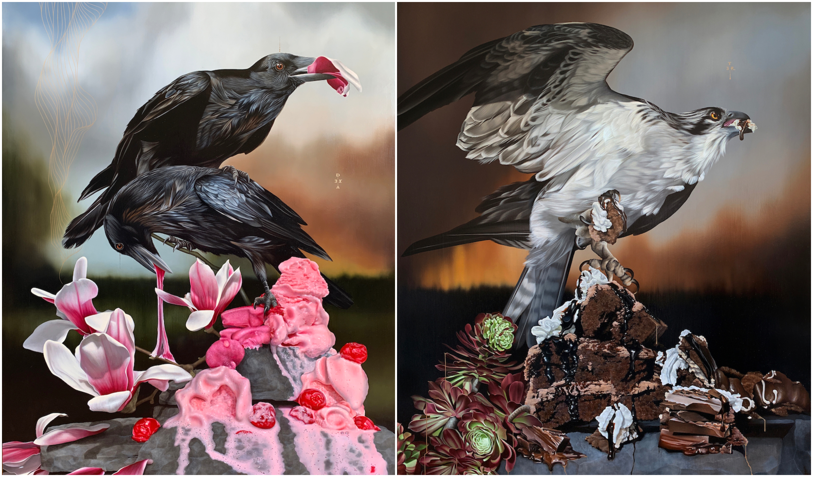 two paintings of hyperrealistic birds by Josie Morway