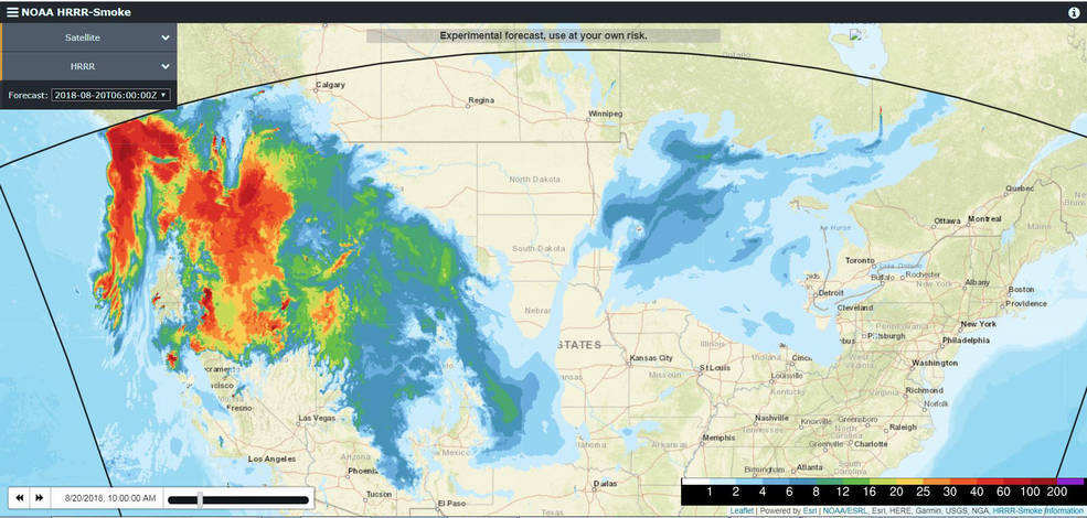 U.S. map showing wildfire smoke