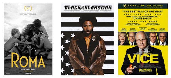 Roma, Blackkklansman and Vice film posters