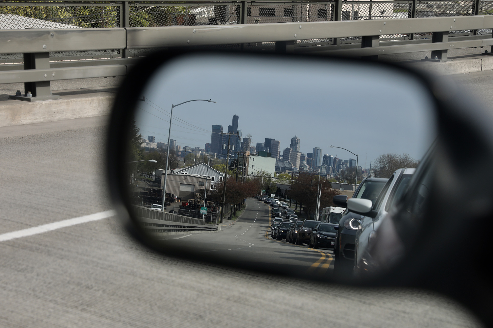 Cars sit in traffic on Airport Way South near Seattle's Georgetown neighborhood, April 19, 2018. (Photo by Matt M. McKnight/Crosscut)