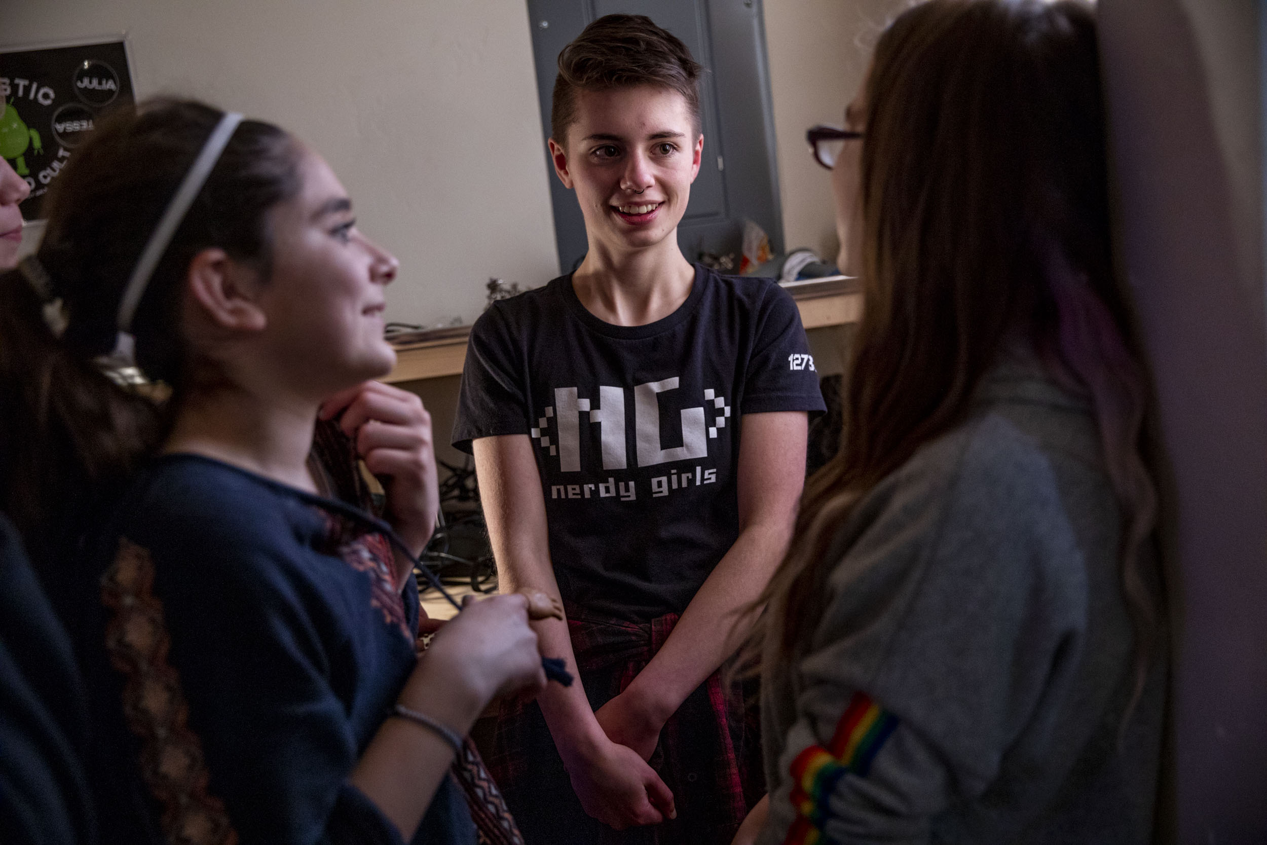 Nerdy Girls co-founder and high school sophomore Greta Mayer during a Nerdy Girls meetup in Ellensburg on May 17, 2019. "I am really passionate about coding. I love to code. It's also just so cool seeing the transformations in like all of these girls. It just really inspires me to sharpen my skills with coding and take it as far as I can go," Mayer says. (Photo by Dorothy Edwards/Crosscut)