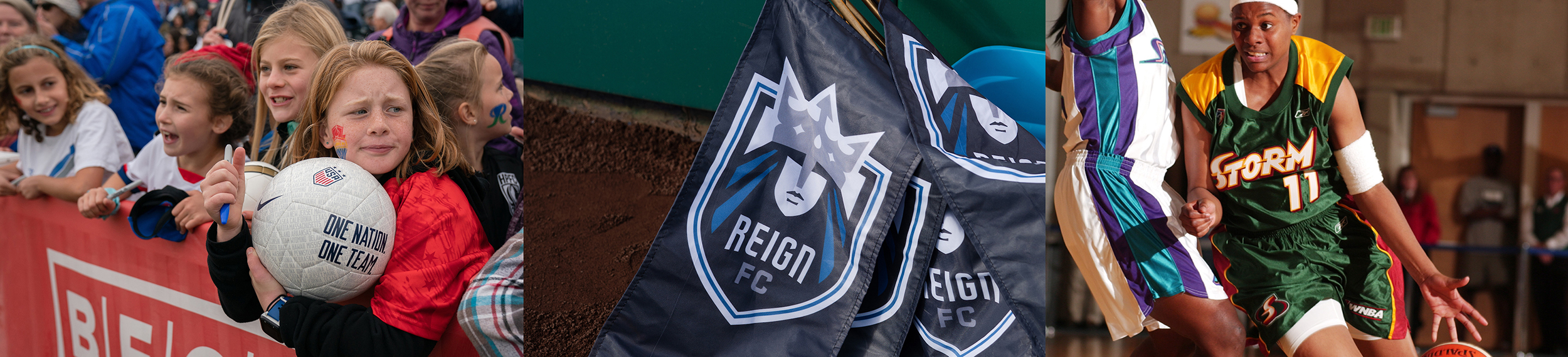 A triptych featuring young soccer fans, a banner for Reign FC and former Storm guard Jamie Redd