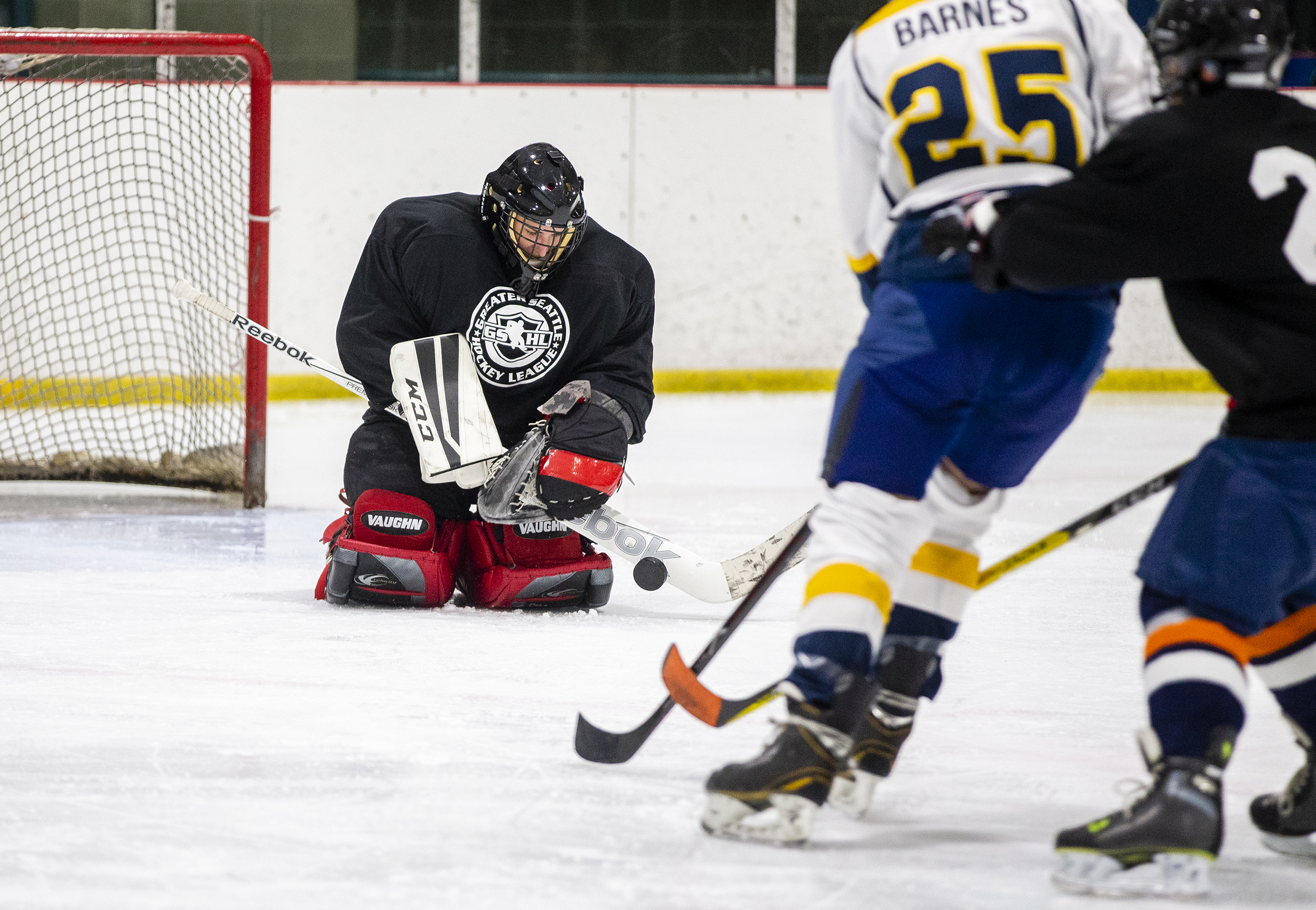 Trash Pandas 7 goaltender Meredith Mennitt makes a save against the Letterkenny Irish 7.