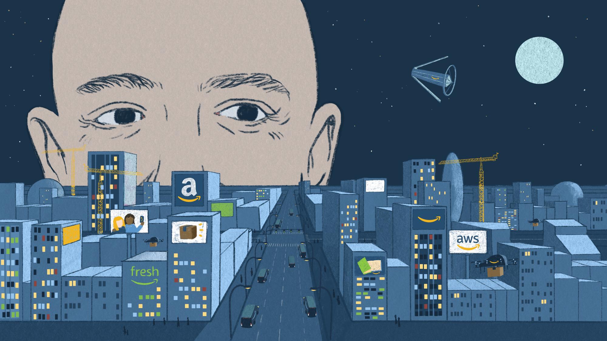 Jeff Bezos peering over Amazonland