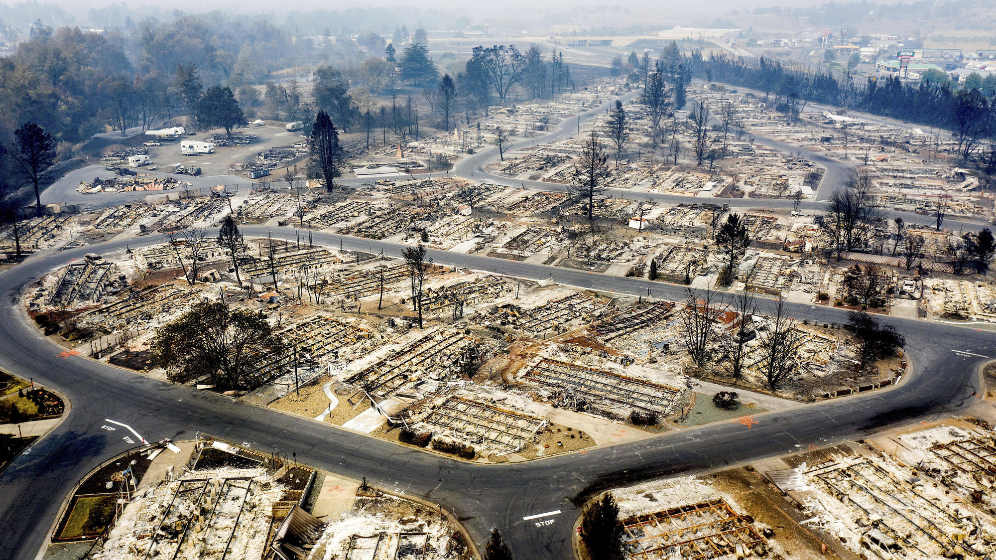 The town of Phoenix, Oregon, is shown from a drone after being destroyed by wildfires on September 15, 2020.