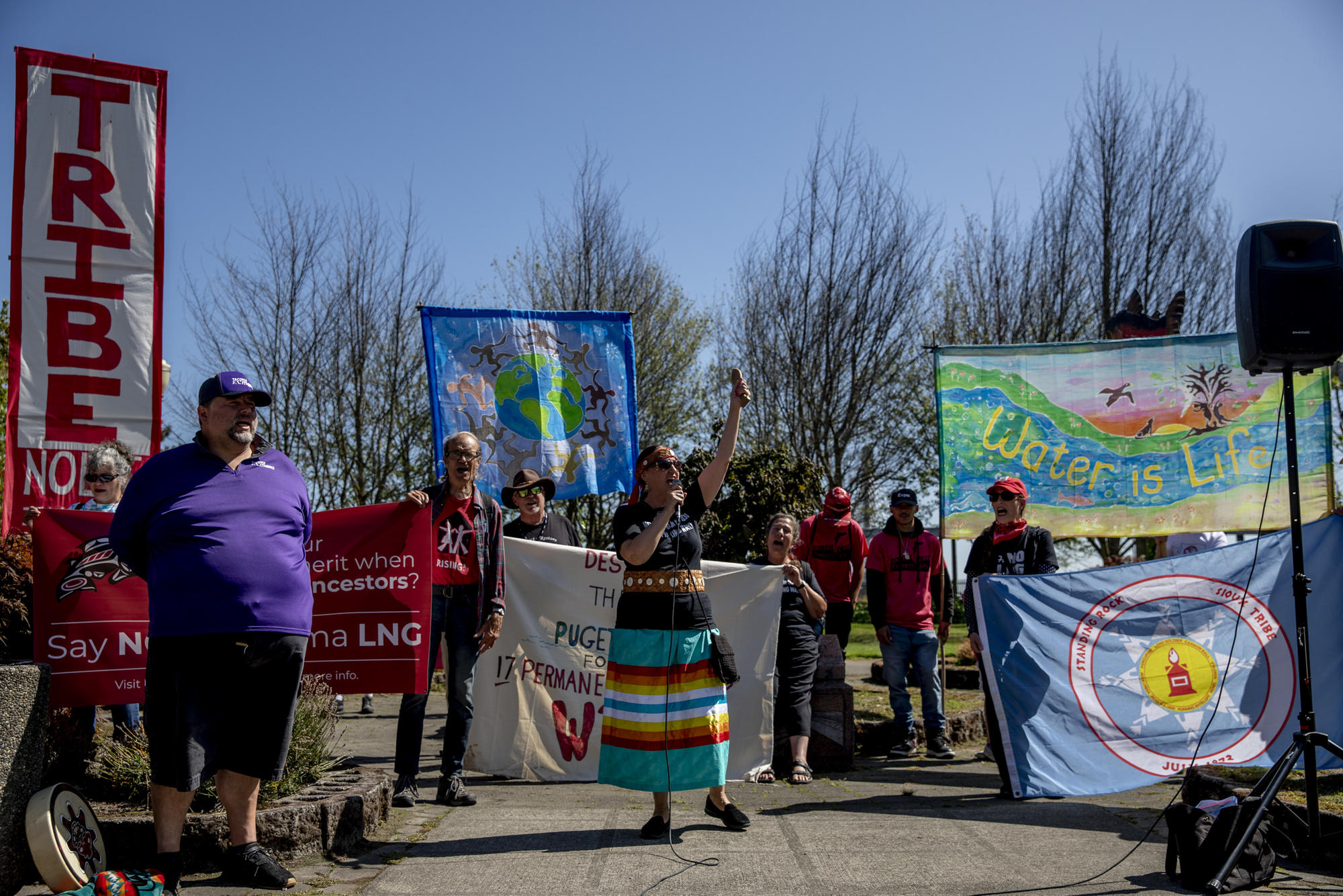 Puyallup tribal councilmember Annette Bryan speaks during a rally in protest against the Puget Sound Energy LNG project in downtown Tacoma on Aug. 27, 2019. (Photo by Dorothy Edwards/Crosscut)