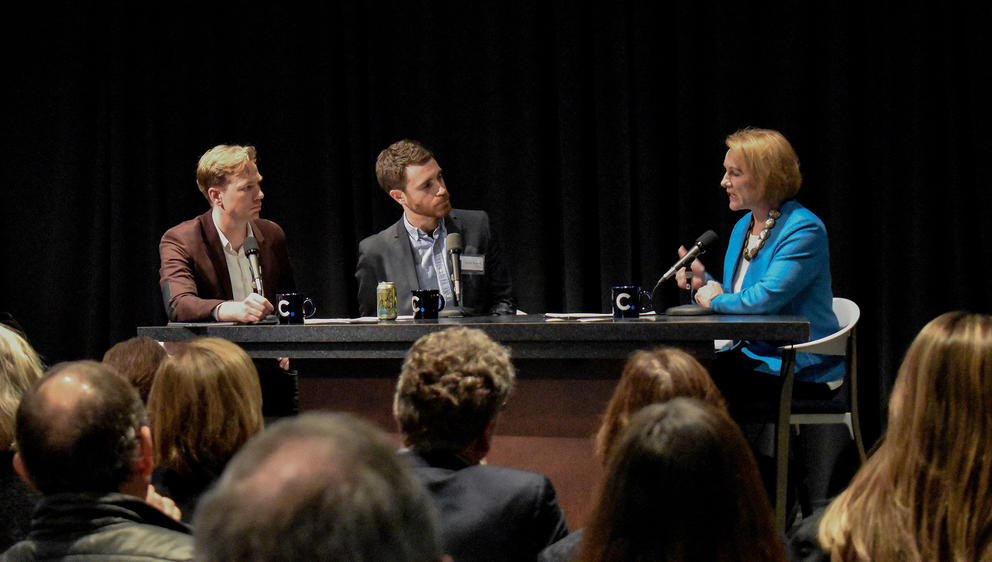 Mayor Durkan answers questions from host Mark Baumgarten and journalist David Kroman