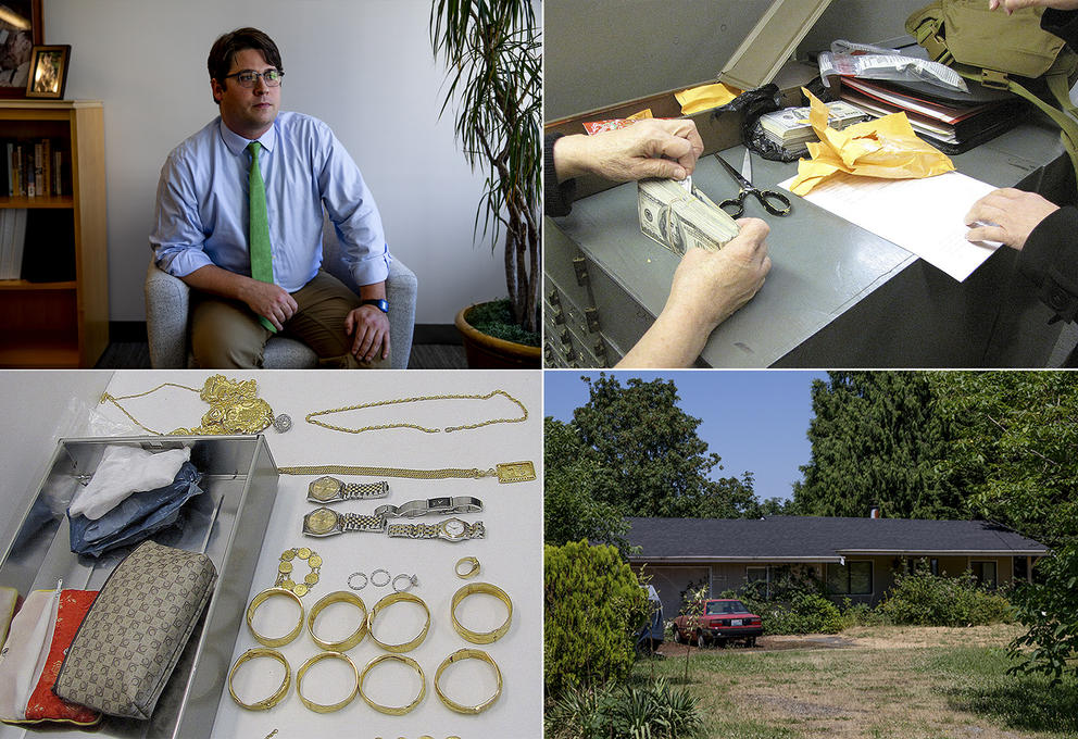 Composite image of man in chair, jewelry, cash and a house