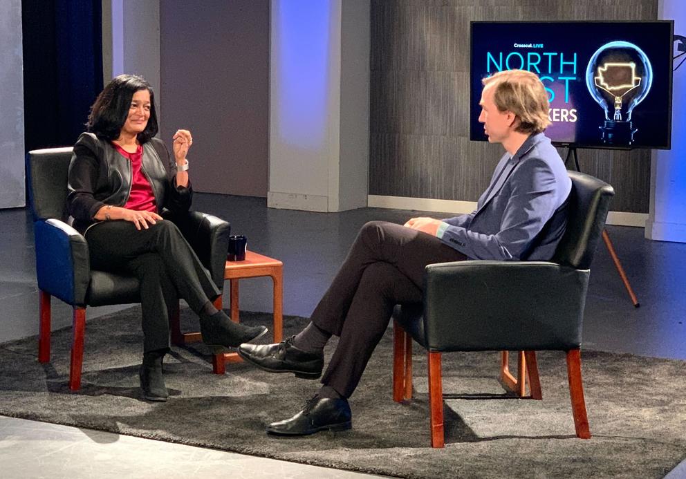 Rep. Pramila Jayapal and Mark Baumgarten