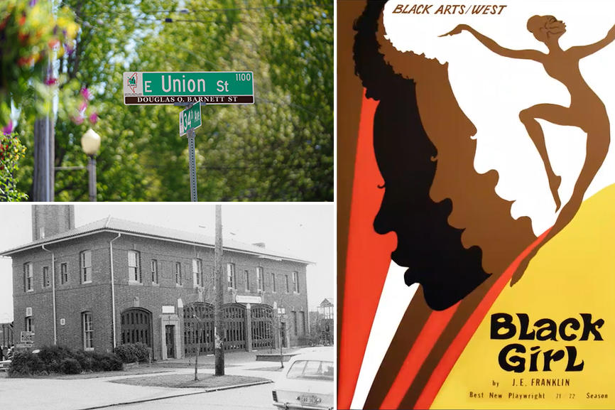 A street sign, a building and a playbill