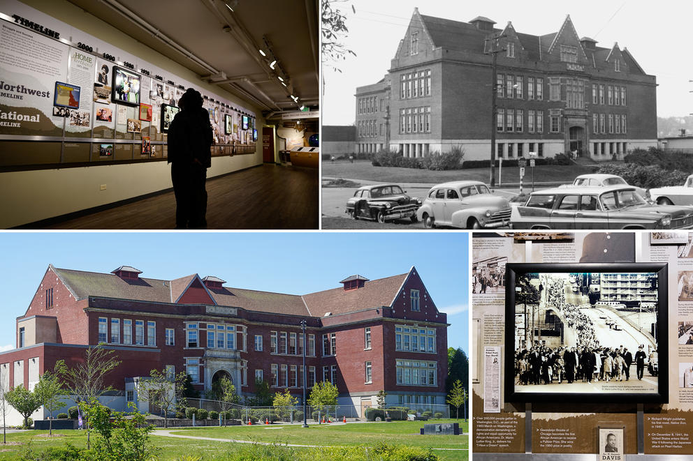 Photos of a building and a museum exhibit