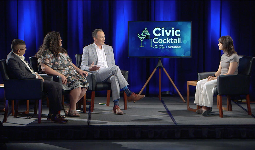 four people sit on a stage in front of a graphic reading Civic Cocktail.