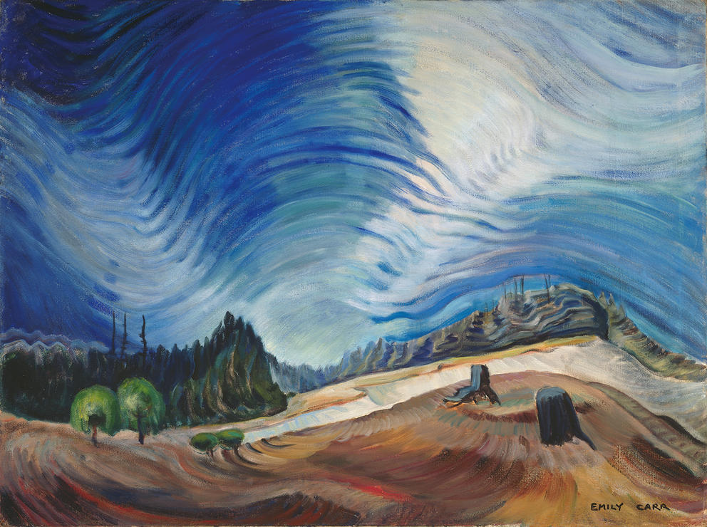 Painting of a forest in the distance under a blue sky, tree stumps in the foreground