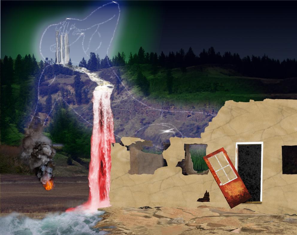 collage with outline of a body on mountain range with smoke plumes and ruins