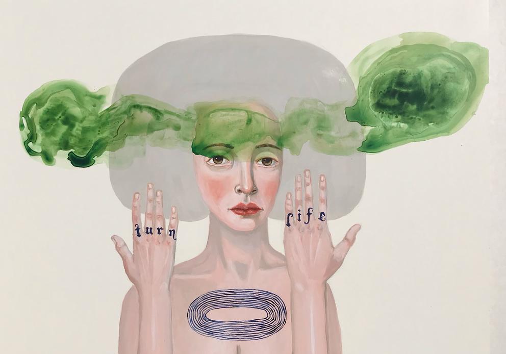 Painted portrait of person with hands up, knuckle tattoos and large gray plane around their head. An emerald green smoke plume surrounds her head.