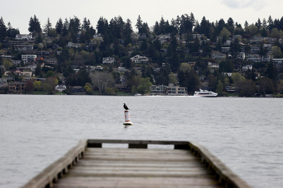 M/V Saratoga speeds along Lake Washington near Seward Park during a water taxi test ride from Lake Union Park at South Lake Union in Seattle to Southport on Lake Washington in Renton, during the morning of April 18. 