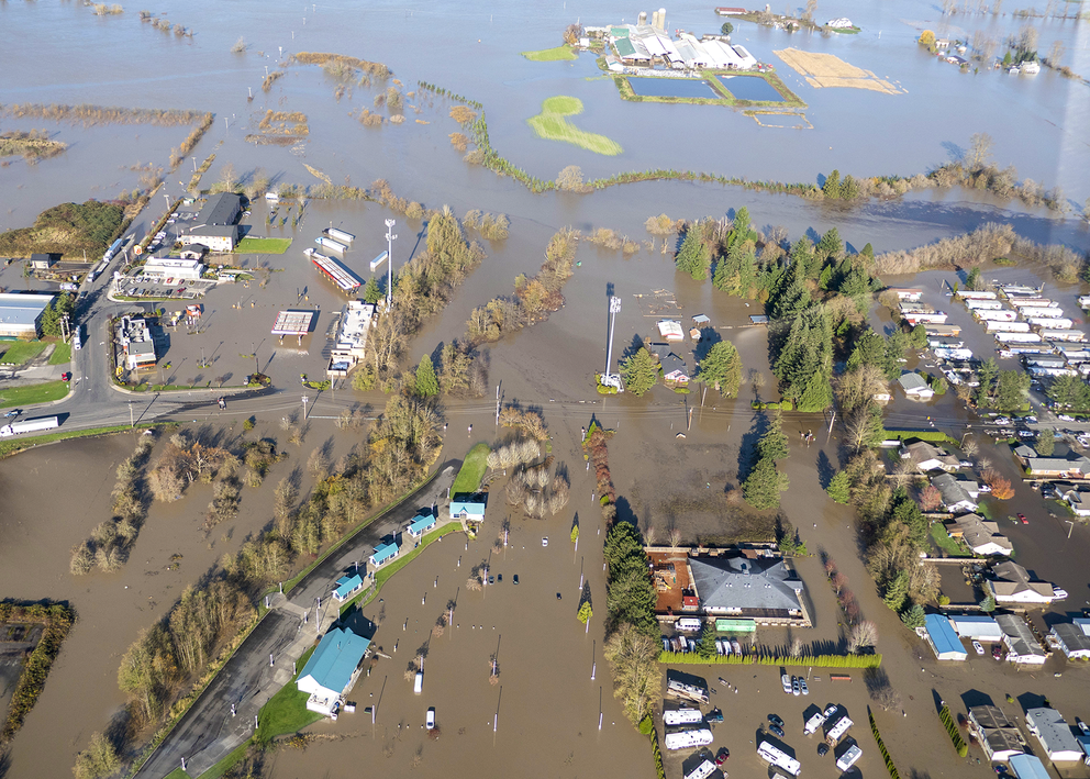 Aerial view of a flooded city