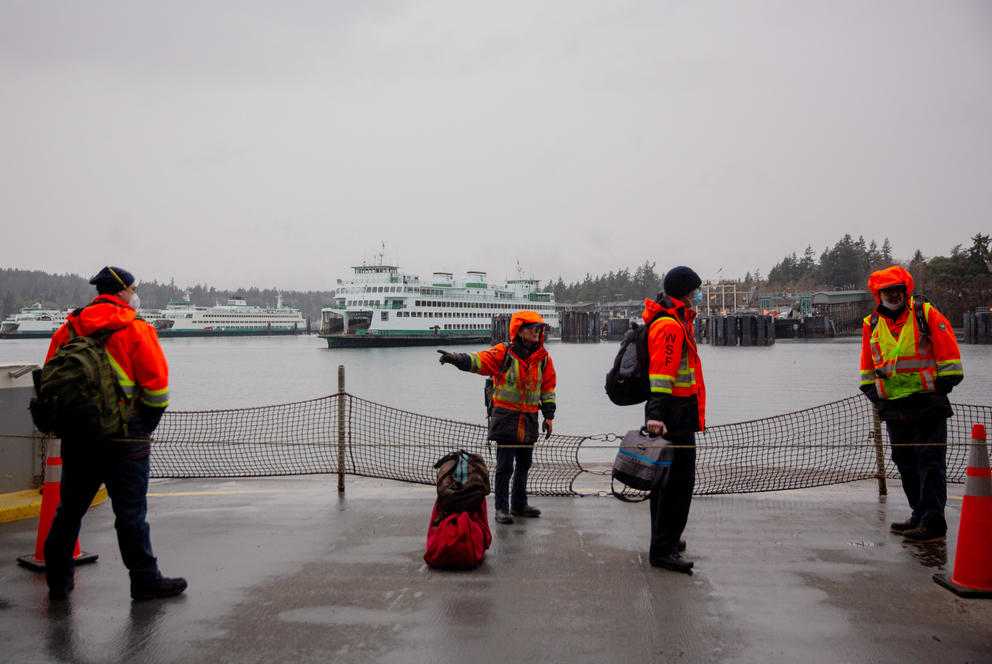 Ferry workers preparing to arrive at the Bainbridge Island terminal