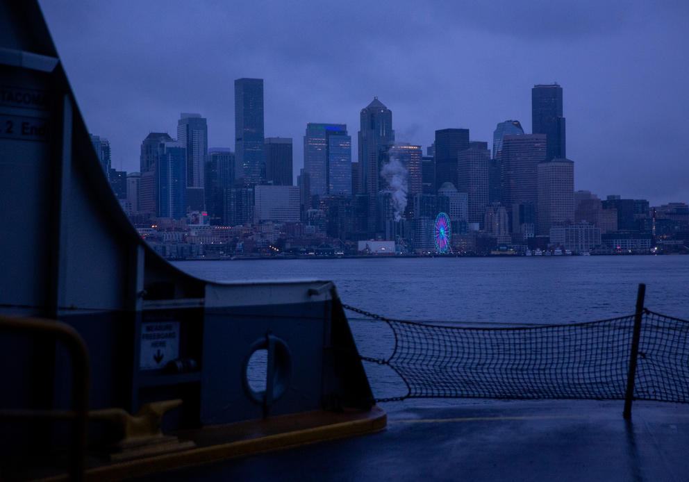 A view of the Seattle skyline seen from the Seattle-Bainbridge Island ferry