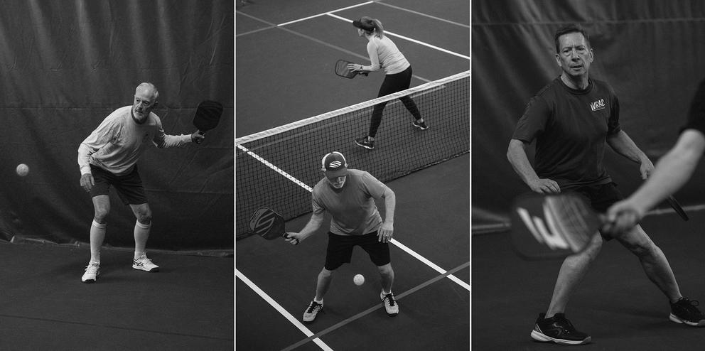 three vertical images of three people playing pickleball