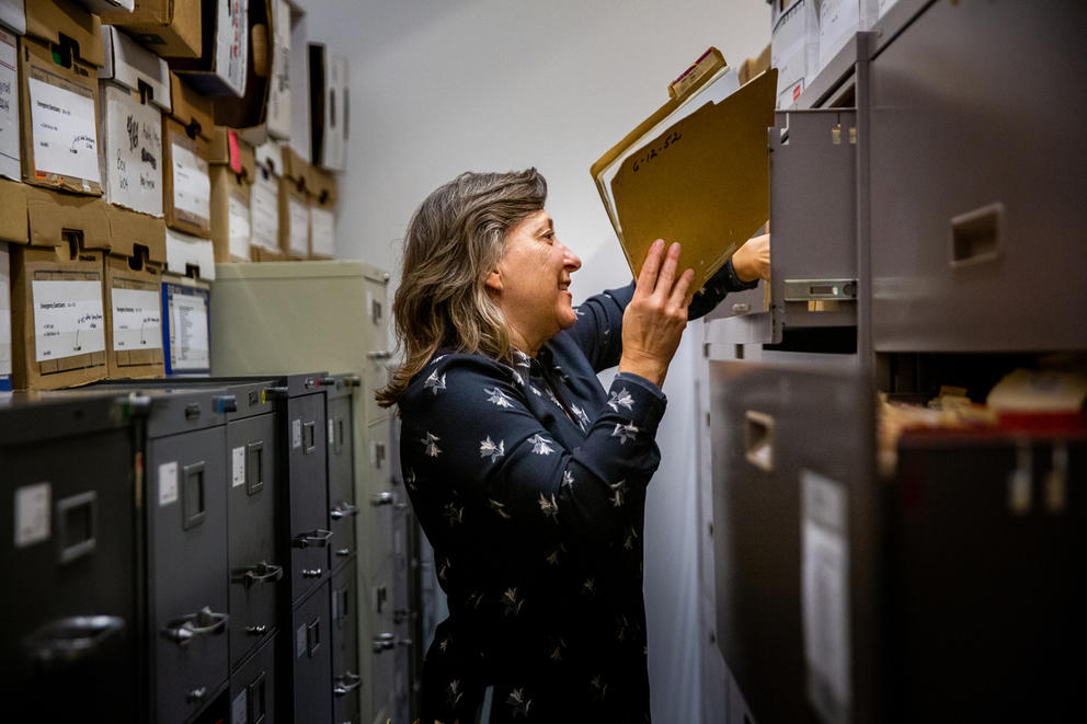 Rena Konomis looking at adoption files