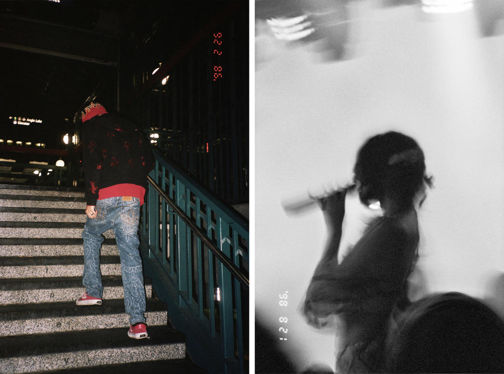 at left a flash photo of a man in jeans and a black jacket walking up stairs, at right a black and white, blurry silhouette of a woman holding a microphone to her mouth