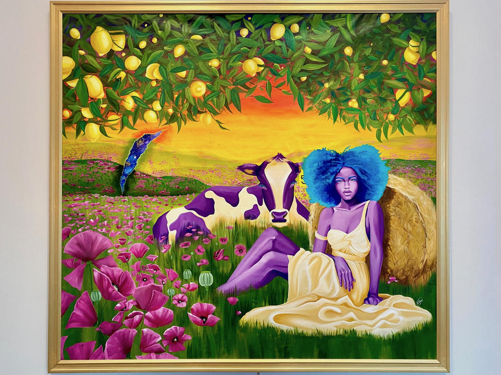 woman with purple skin and blue hair in landscape with cow