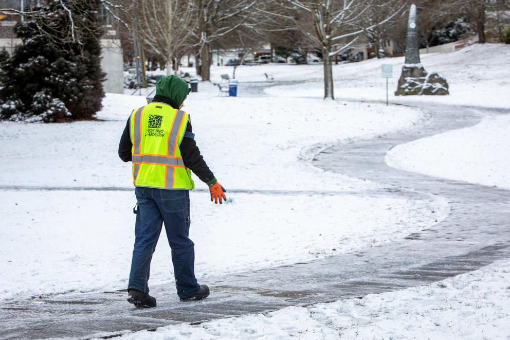 A city worker spreads deicer on a snowy walkway