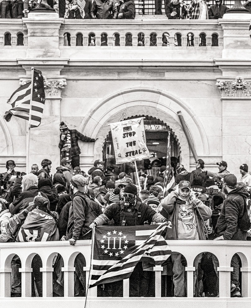 People hold up flags and signs in front of the Capitol building, in a black and white photo