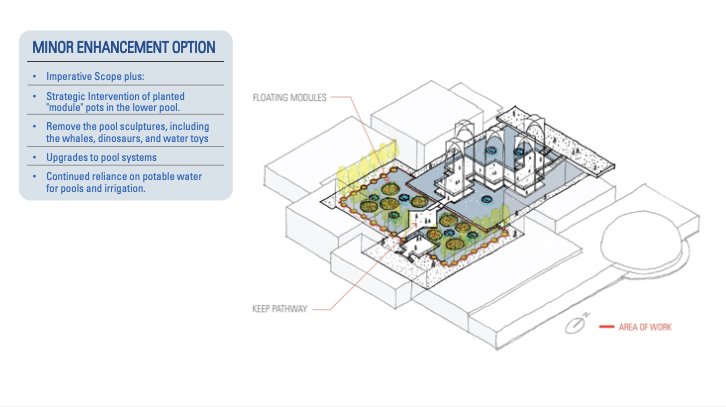 Slide on white background that says "Minor enhancement option" in a blue square. On the right is a drawing of PacSci's pool area, with the water largely intact and a few green spots in the blue pool.