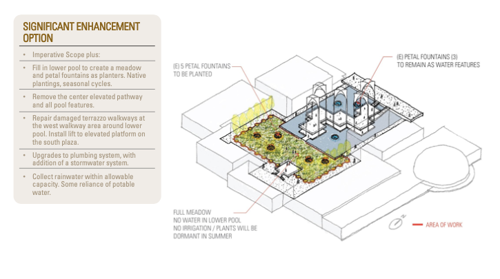 Slide on white background that says "Significant enhancement option" in a blue square. On the right is a drawing of PacSci's pool area, with one of the pools filled in with green.