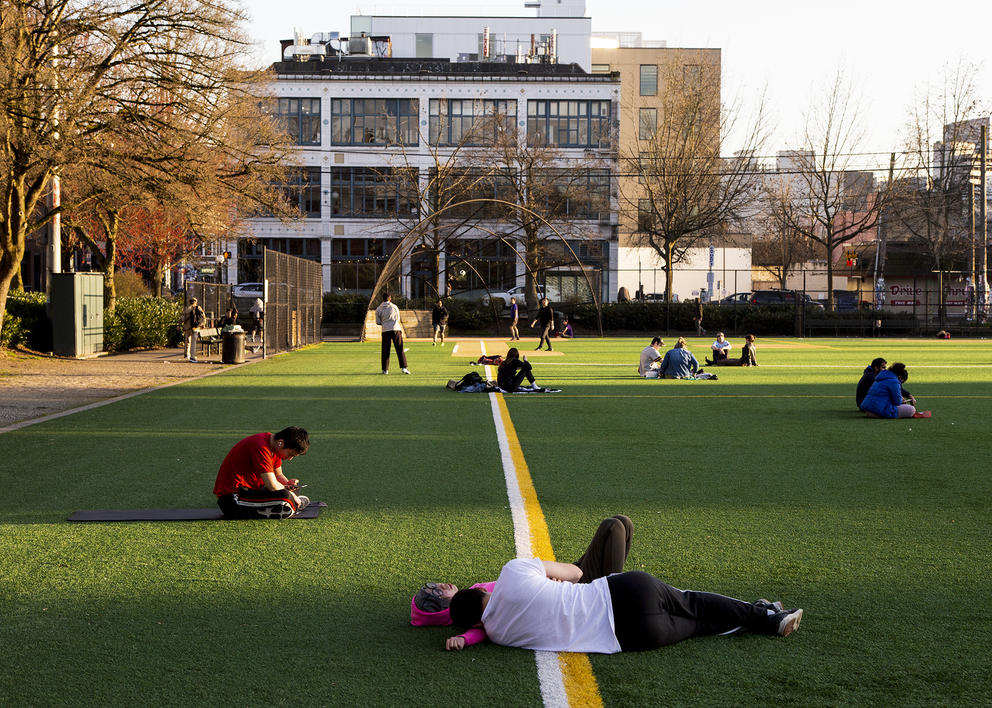 park goers gather at bobby morris playfield