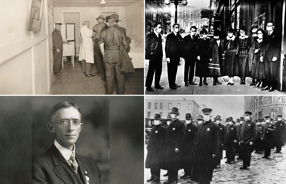 Four archival pictures: People lining up for vaccines, people posing with face masks, police in face masks, and Dr. T.D. Tuttle