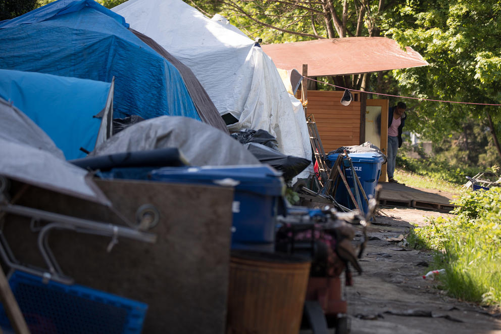 A homeless encampment, referred to as The Jungle, underneath freeway overpasses in Seattle.