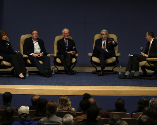 (From the left) Lori Sotelo, Chris Vance, Slade Gorton, Bill Bryant talk about the future of the Republican Party at Crosscut Festival.	Credit: David Ryder for Crosscut