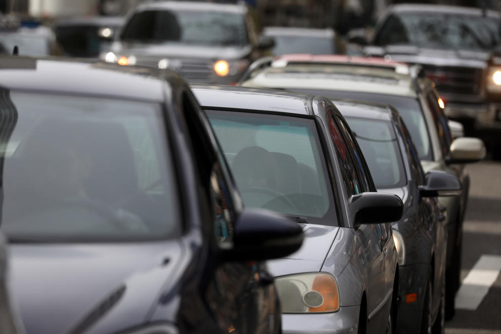 Cars sit in traffic on 5th Avenue in downtown Seattle on April 19. (Photo by Matt M. McKnight/Crosscut)